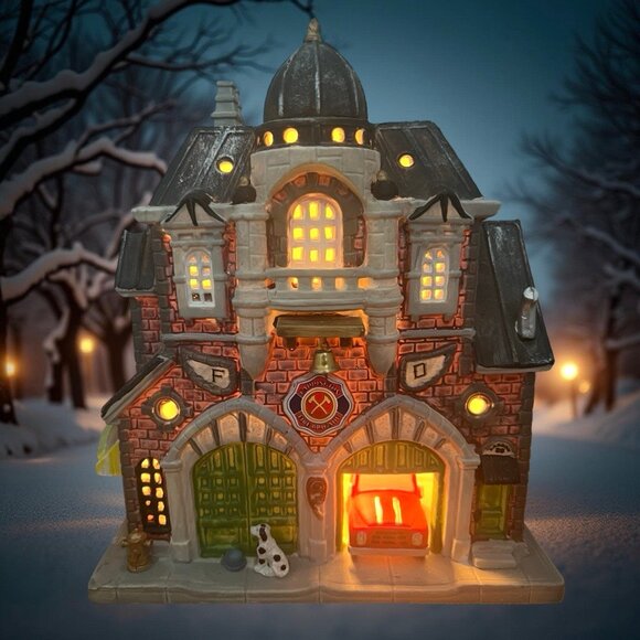 Lemax 2019 Ceramic Caddington Fire Brigade (95520) Lighted Firehouse - 9' Tall - Picture 2 of 14